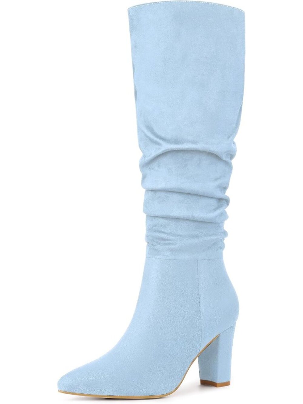 🆕Women's Lake Blue Slouchy Pointed Toe Knee High Boots Chunky Block Heel Shoes